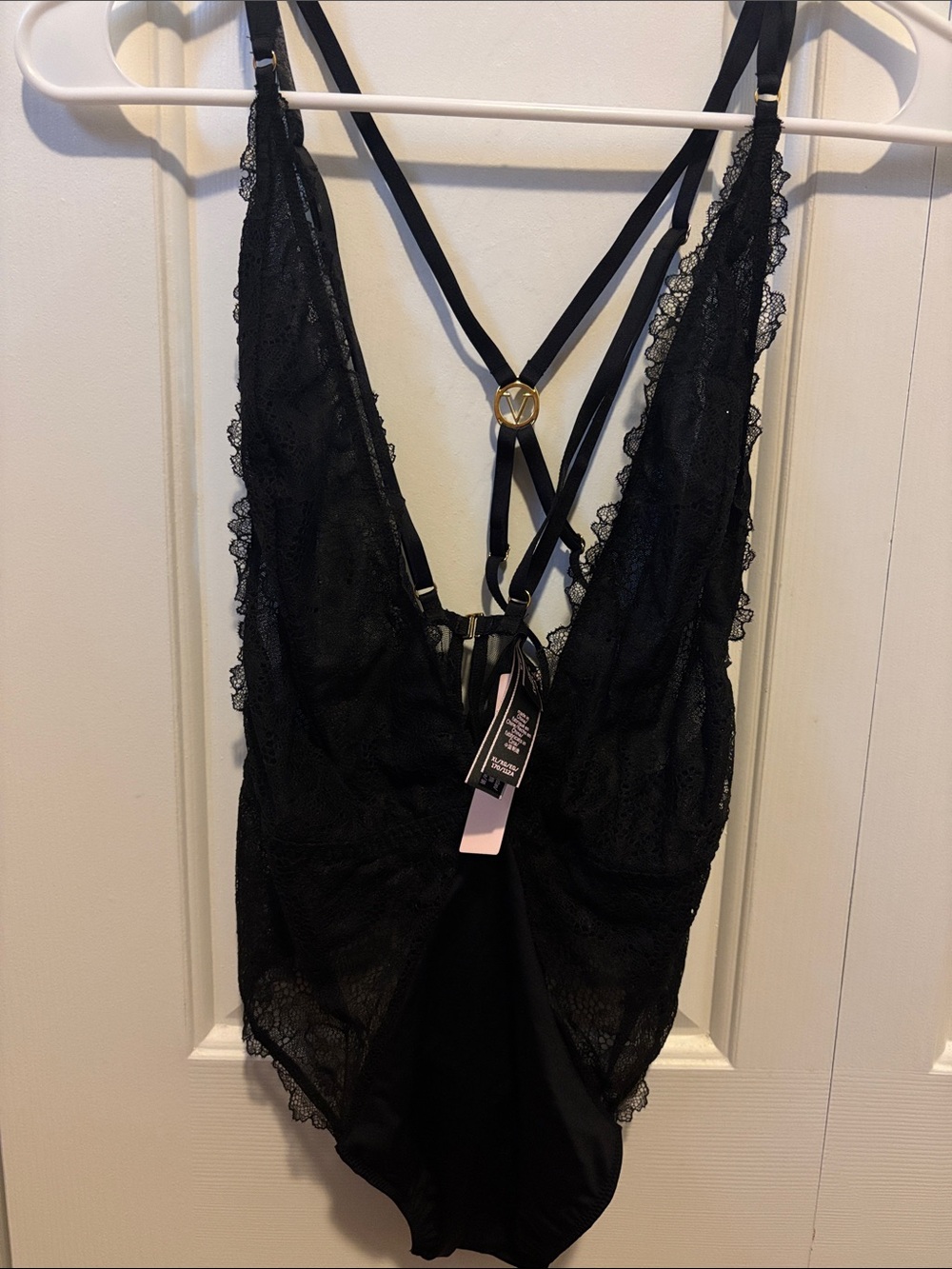Victoria's Secret Black Lace Strappy Teddy with Gold Accent